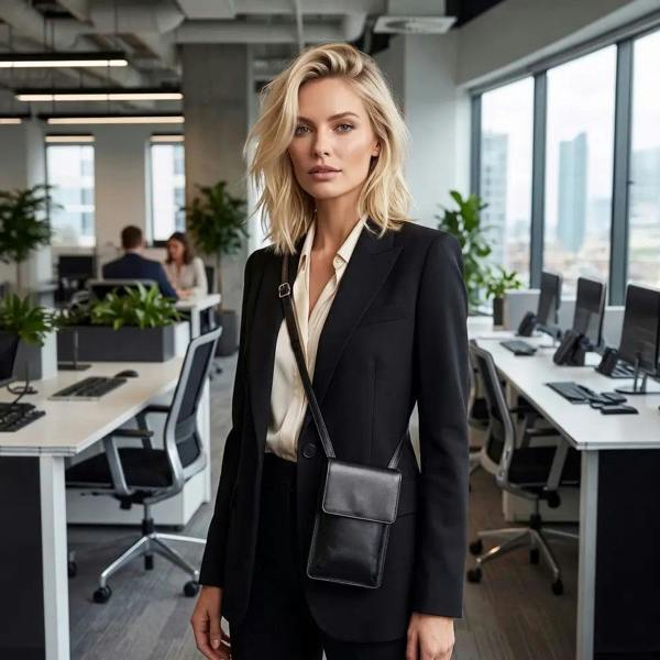 Woman in a professional setting wearing a black suit with a black handbag.