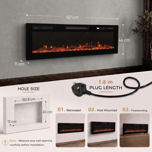 HOMCOM Slim Electric Fireplace Wall Mounted/Recessed/Freestanding 107cm