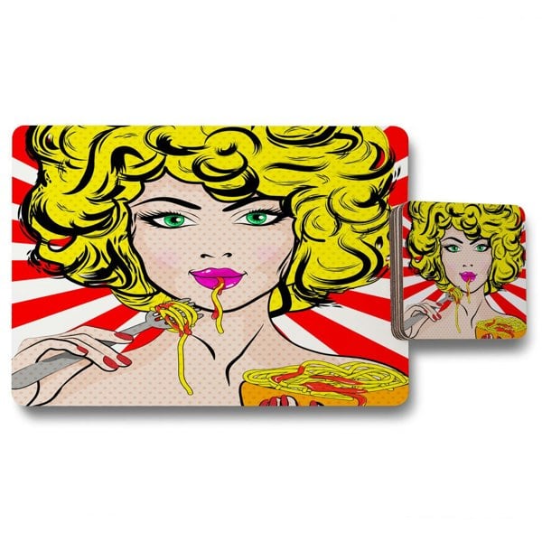 Benjamin Tate Design Pop Art Young woman Eating Spaghetti (Placemat & Coaster Set)