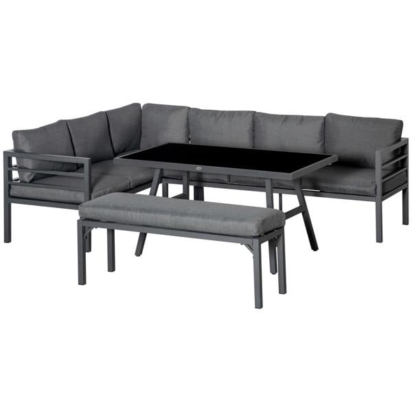 Wyld Haus Rovama 8 Seater L-Shaped Garden Furniture Set with Glass Coffee Table and Bench