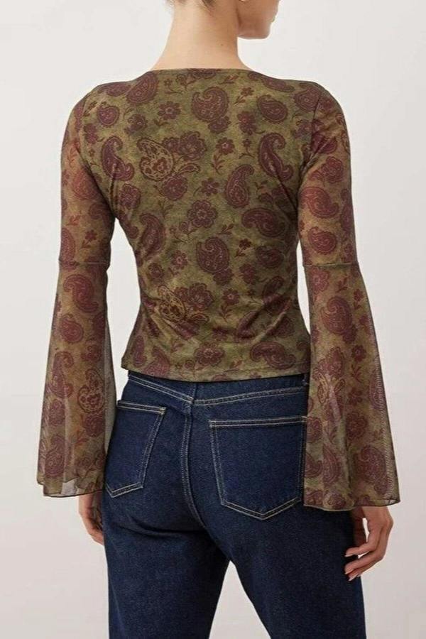 WOVCOR Printed V-neck Spanish Sleeve Tulle Stretch Knit Blouse
