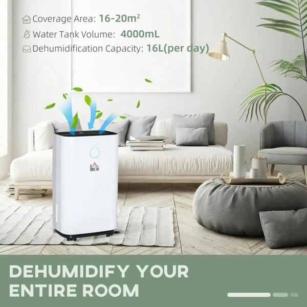 White portable dehumidifier in living room on floor in front of couch