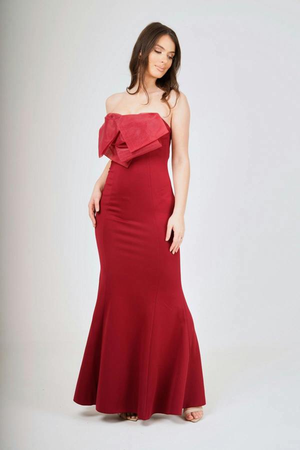 LuvForever Wine Off- Shoulder Bow-Tie Maxi Dress