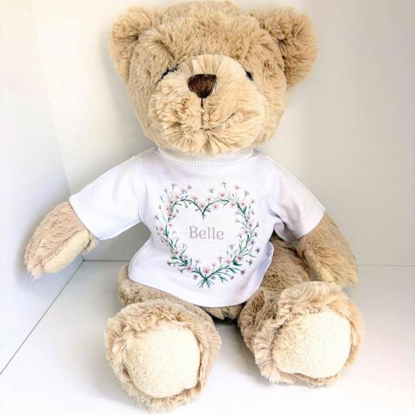 Personalised Luxury Teddy Bear | Pink Flower Heart T-Shirt