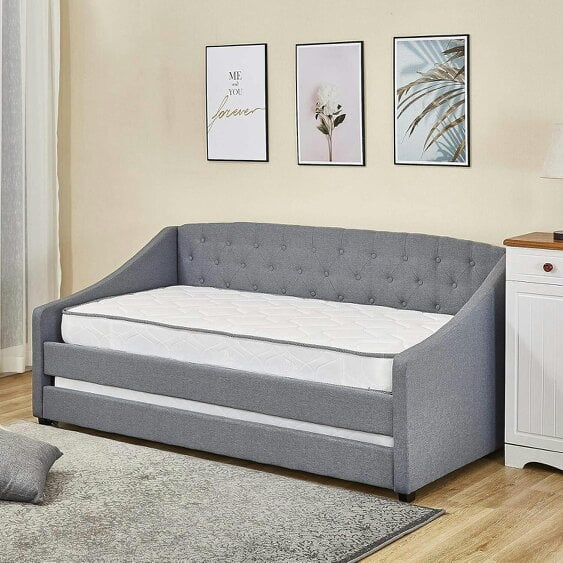 Kosy Koala Daybed with Trundle Grey 3ft Single with 2 Mattresses Fabric Tufted Wooden Bedroom