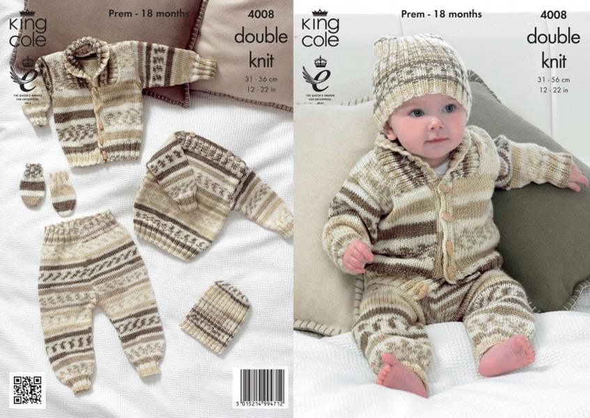 King Cole Cherish Knitting Pattern 4008, Headwear, Gloves, Trousers, Cardigans, Sweaters for Baby, Premature - 18 Months - Intermediate