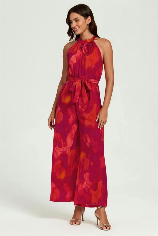 FS Collection Abstract Print Halter Neck Jumpsuit In Red