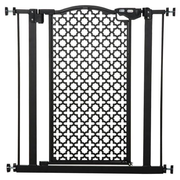 Black pressure-fit pet safety gate with lattice patterned panel and side frame rails