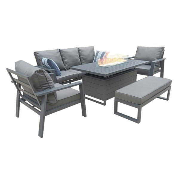 Furniture One 5 PCS Garden Sofa Set, 6 Seater Outdoor Aluminium  Furniture Set with Rising Dining Table, Armchair, 2 Stools