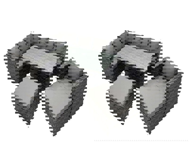 Fimous 9 seater Height Adjustable Rising Lifting Table Corner Sofa Set Rattan Garden Furniture Dining Set with 2 Big Stool Dark Grey Mixed