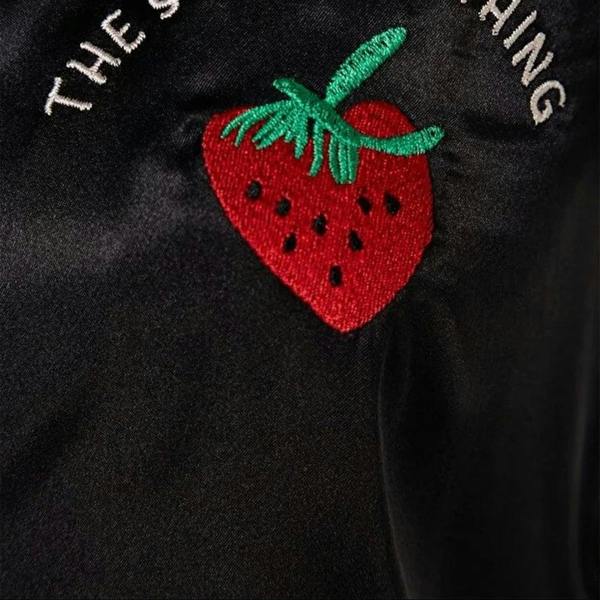 WOVCOR 2-Piece Woven Satin Pajama Set with Strawberry and Slogan Embroidery
