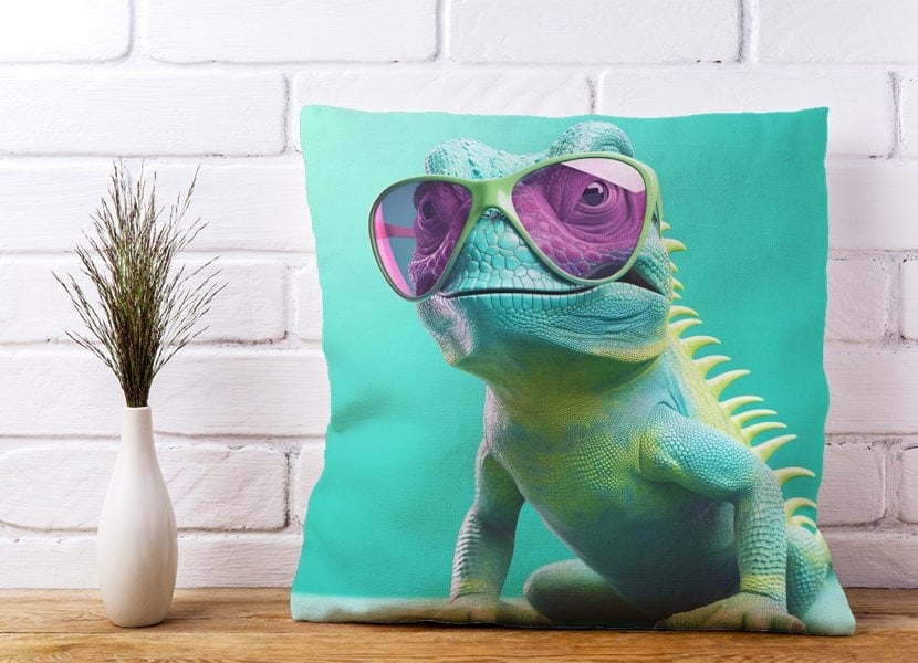 Warren Reed Happy Splashart Iguana Wearing Glasses Cushions