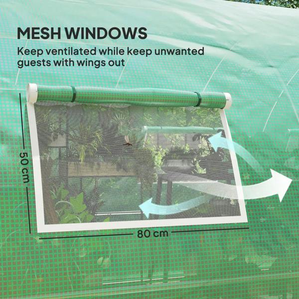 Green polytunnel greenhouse with mesh window section in the side wall