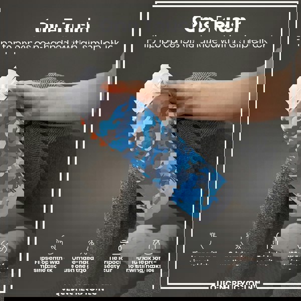 A water bottle with a camouflage design is being held. Its flip top opens one-handed with a click. The context is a person's legs in athletic wear. One Touch. Flips open with a simple click. One-handed use on the go. Triple lock security. 100% leak proof - no twisting, no leaks. QUENCH RECYCLON™.