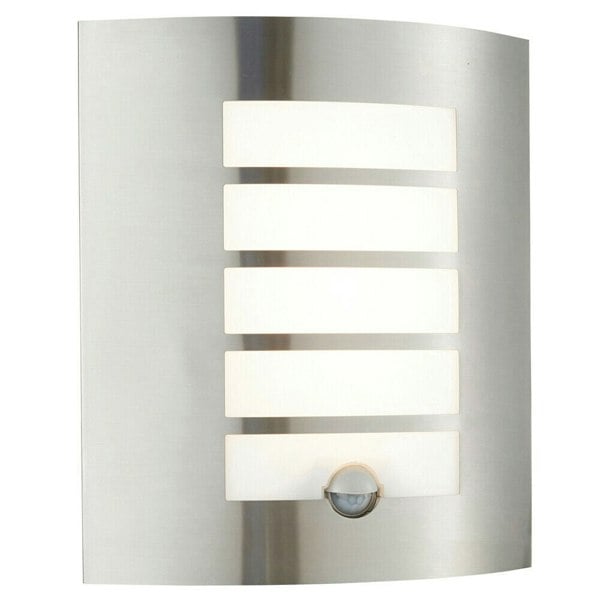 IP44 Outdoor Wall Light PIR Motion Sensor Brushed Steel & Diffuser 7W Warm White Loops