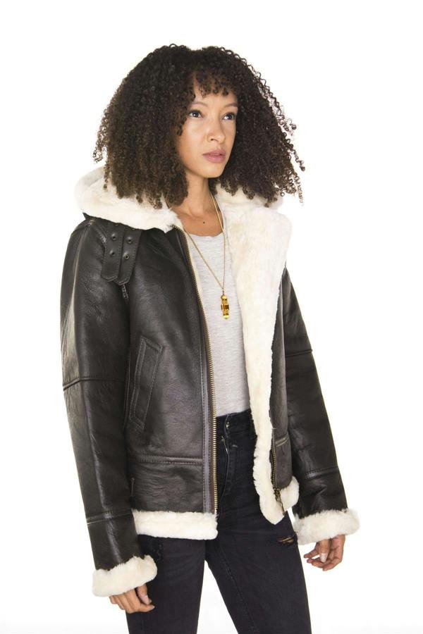 Infinity Leather Womens Hooded Sheepskin Flying Leather Jacket-Orford