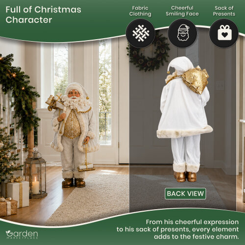 Standing Father Christmas Figure with Sack of Presents, White Santa Style Decoration, Free Standing Festive Ornament, 90cm Tall
