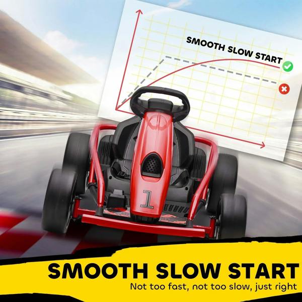 Red electric kids go-kart front view with steering wheel and black dashboard