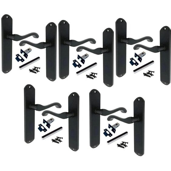EDH Door Hardware 5 Pairs Matt Black Cadenza Victorian Scroll Door Handles with Tubular Latches – 178mm x 38mm