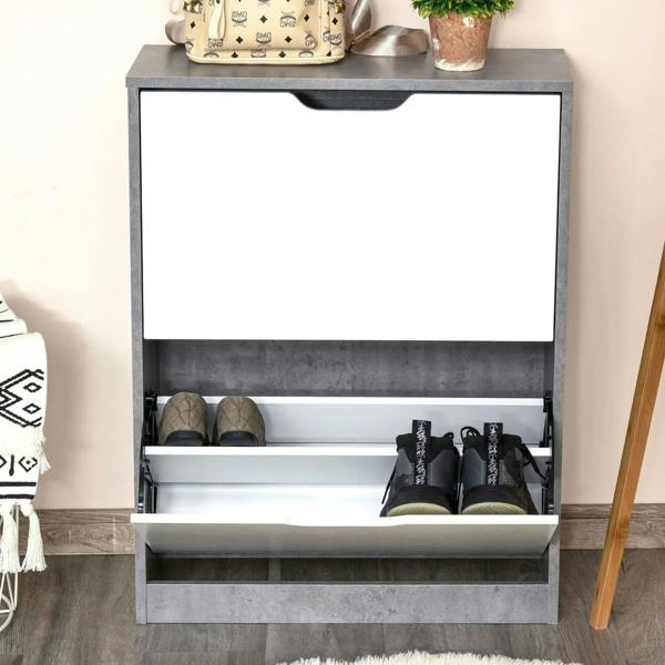Grey and white shoe cabinet with open drawer showing interior shelf for shoes