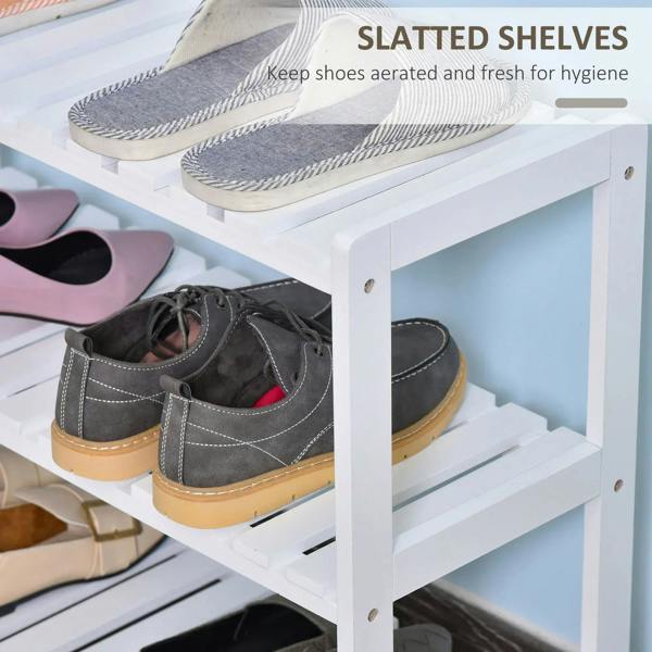 White shoe rack corner view with slatted shelves, holding sneakers and flats
