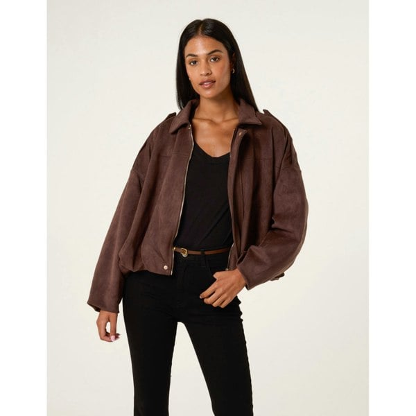 Blue Vanilla Suedette Puffball Jacket - Brown