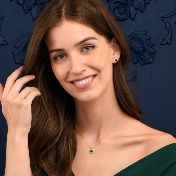 namana Gold Plated Sterling Silver Green Cubic Zirconia Round Halo Pendant Necklace