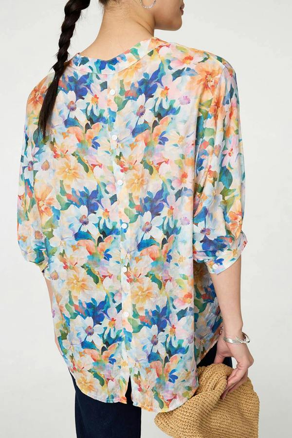 Blue | Floral 3/4 Sleeve Relaxed Button Blouse