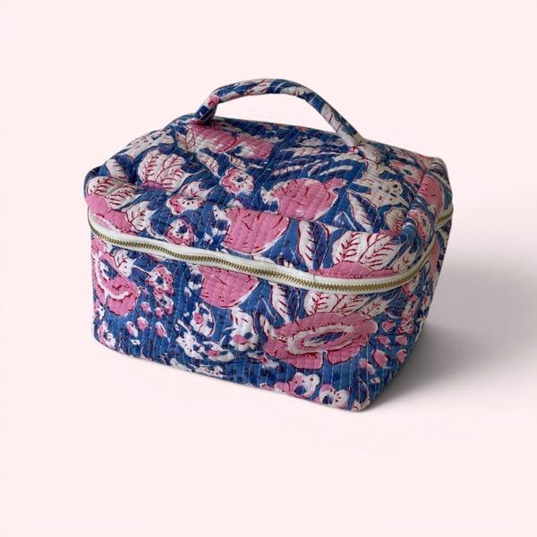 Hayley & Co Vanity Bag - Quilted Cotton Toiletry Bag in Blue and Pink Floral Block Print