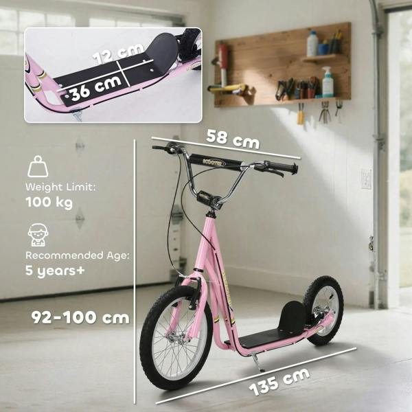 Pink adjustable-height kids kick scooter with front and rear wheels and black deck