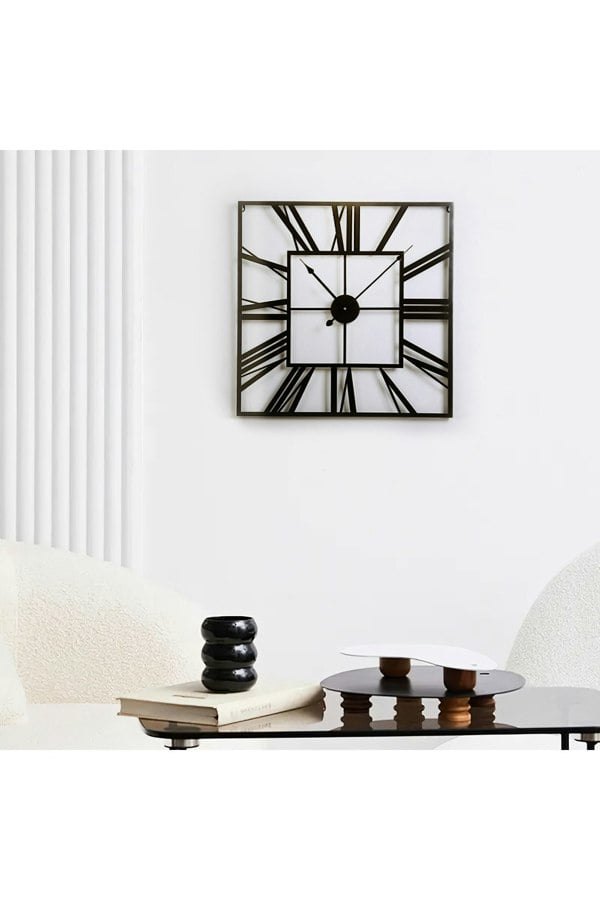 Living and Home 60cm Modern Roman Numeral Skeleton Square Metal Wall Clock