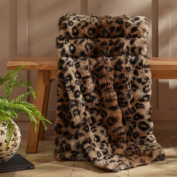 Catherine Lansfield Animal Print Faux Fur Blanket Throw Brown