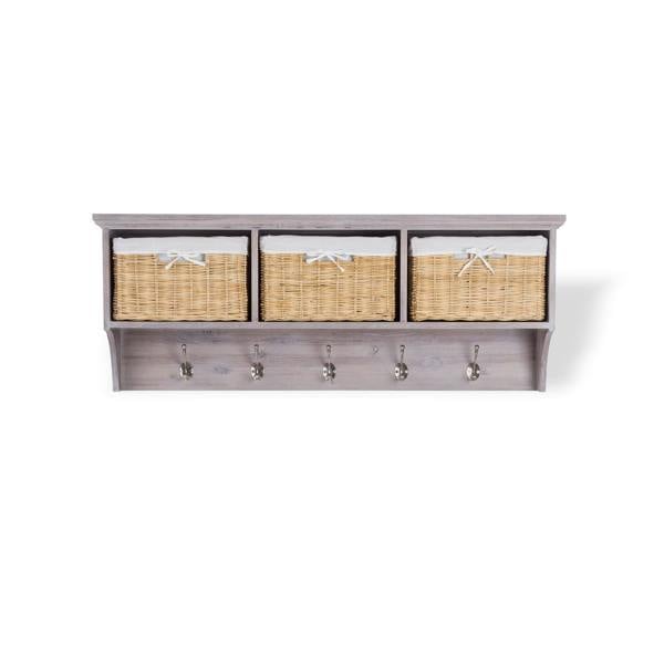 Statement Furniture Tetbury Acacia Wood Hanging Shelf with Coat Hooks and Storage Baskets