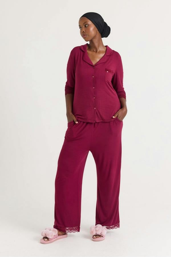 Bamboo Lace Long Pyjama Set in Bordeaux - Wholesale - Pajamas