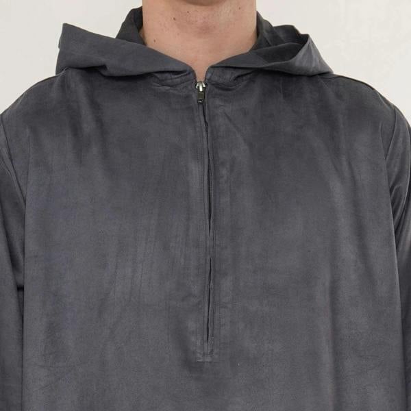HM12 - Men's Hooded Suede Emirati Omani Zipped Thobe - Grey - Thobez - 17