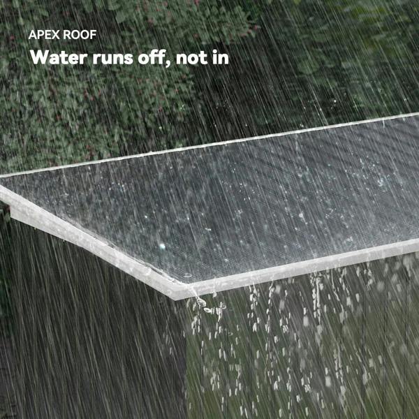 Apex metal shed roof panel with visible water runoff, dark grey