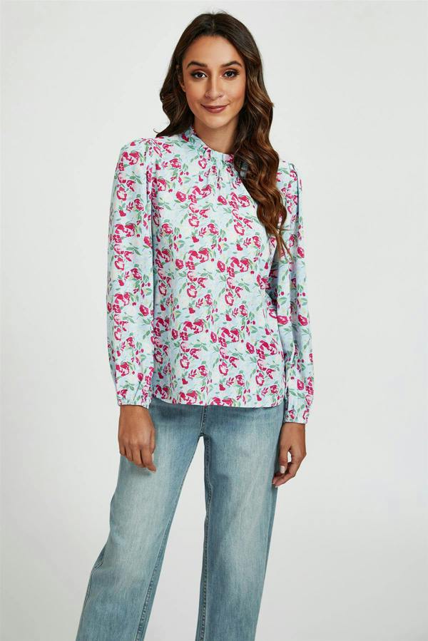 FS Collection Floral Print Frill Detail High Neck Top In Blue & Pink