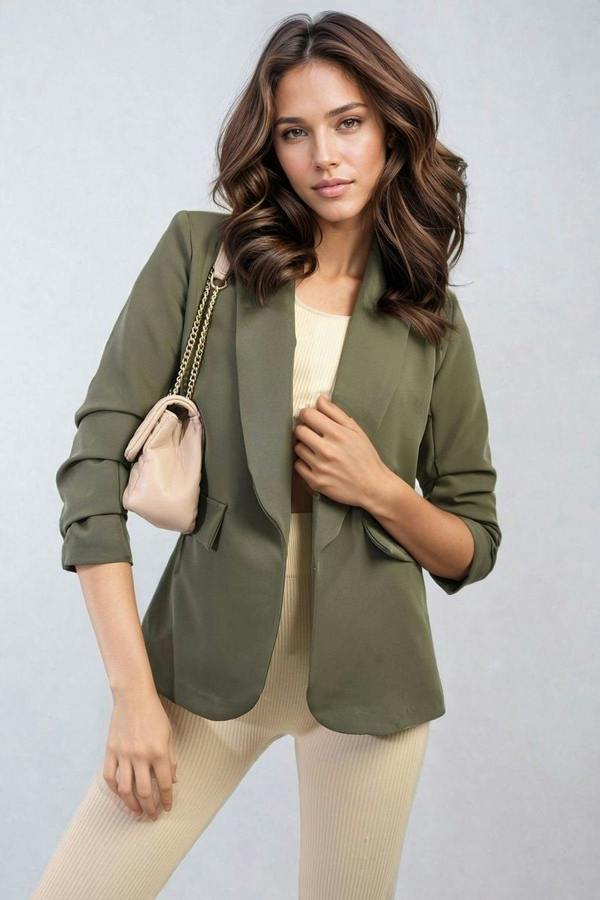 Valerie Ruched Sleeve Open Front Blazer Jacket With Front Pockets - Khaki