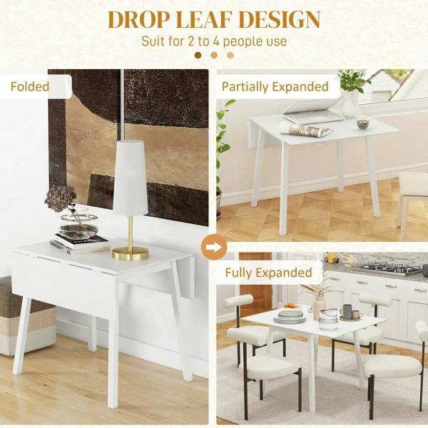 White drop-leaf folding dining table shown folded, partially opened, and fully opened