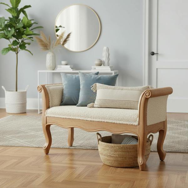 Artisan Furniture Solid Wood Cream Boucle French Style Bench