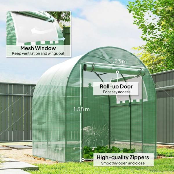 Green polytunnel greenhouse with roll-up door, mesh window vents, arched frame