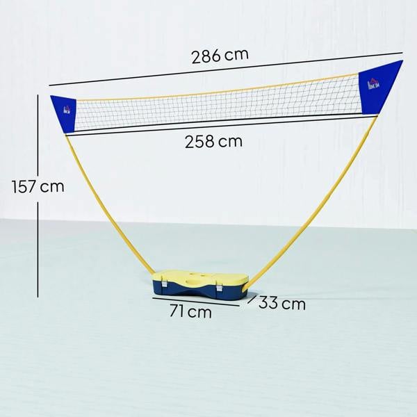 Foldable badminton net with yellow poles and blue corner flags over the portable base