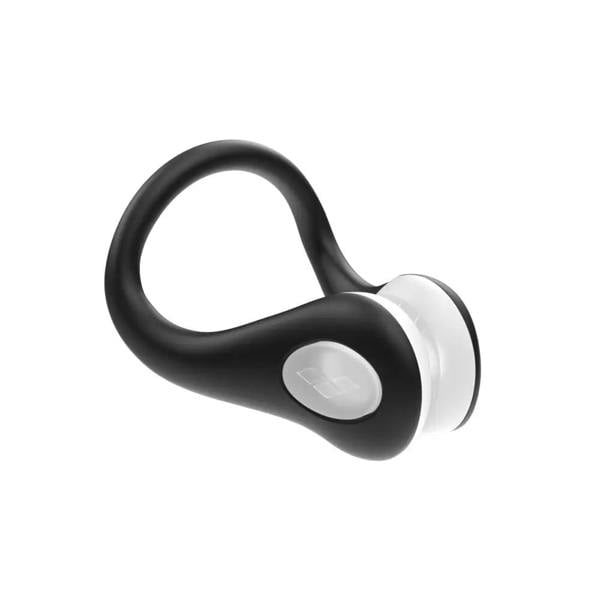 Sleek black and white wireless earbud with ergonomic Arena Nose Clip design
