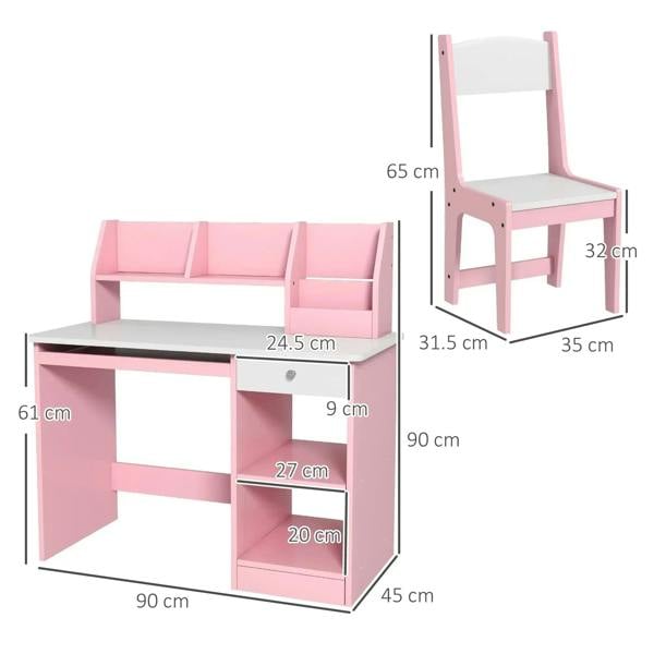 Pink two-piece kids desk and chair set with dimensions labeled