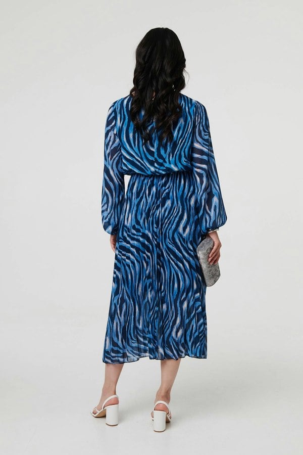 Blue | Animal Print Layered Pleated Midi Dress