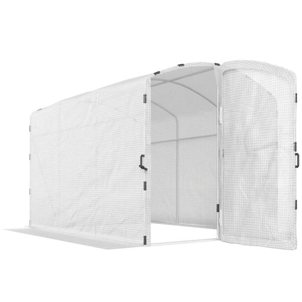 Walk-in greenhouse with white PE cover and open front door on a galvanized frame