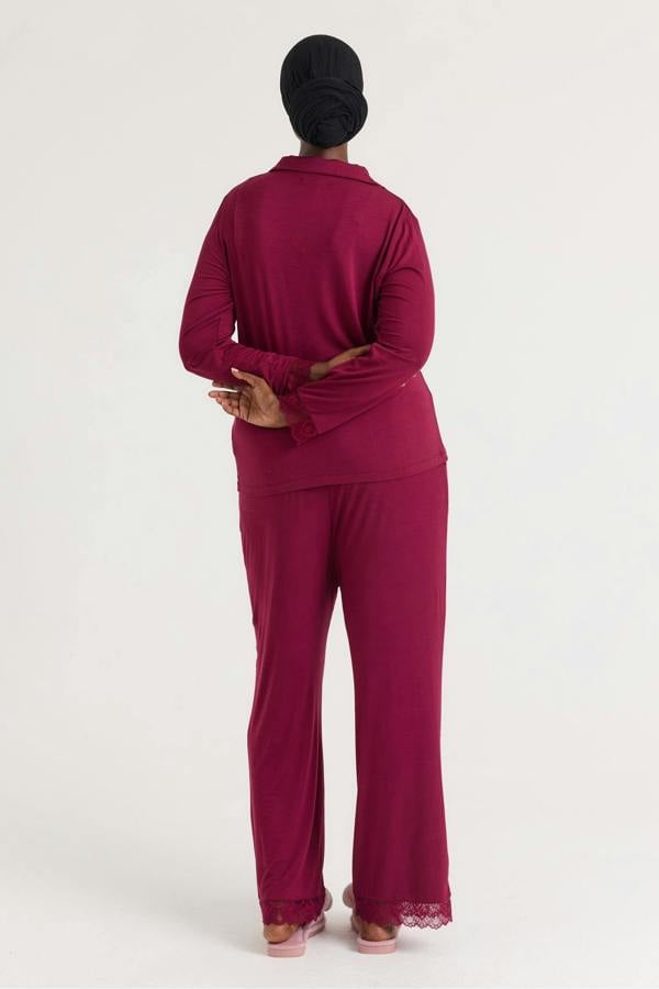 Bamboo Lace Long Pyjama Set in Bordeaux - Wholesale - Pajamas
