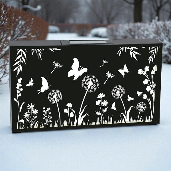 EDH Door Hardware Landscape Solar Wall Panel with Butterfly Outdoor Metal Wall Art with Warm LED Light Weatherproof Garden & Patio Décor