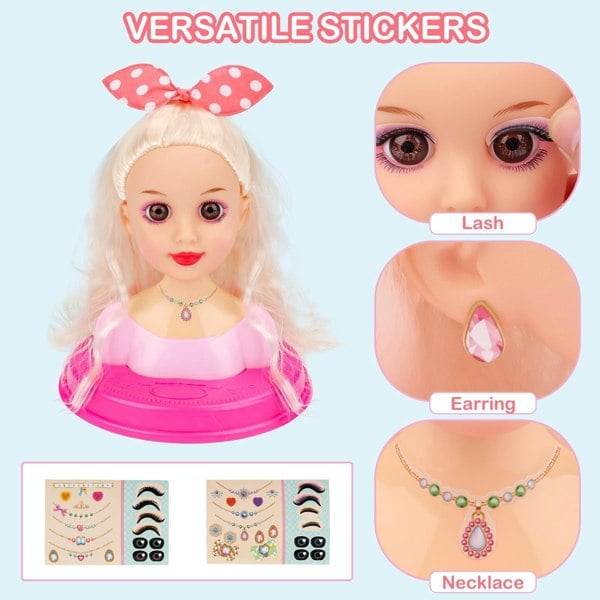 deAO Toys Makeup Hairdressing Doll Styling Head Toy for Kids Beauty and DIY Doll Head with Hair Accessories