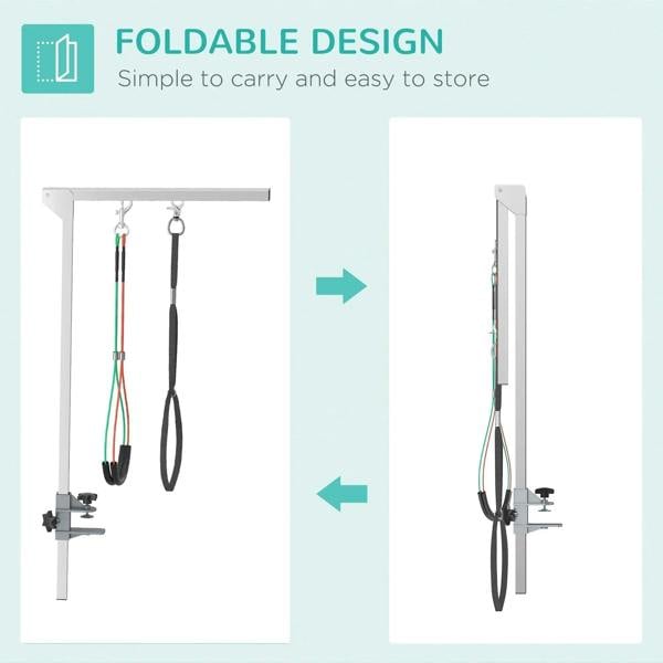 Foldable adjustable pet grooming arm with clamp and hanging loops, storage arrows